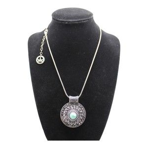 Crown Trifari Pendant Silver Tone 18" Medallion Blue Stone Necklace